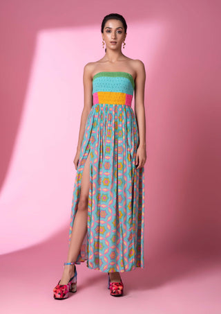 Aqua geometric print smocked dress