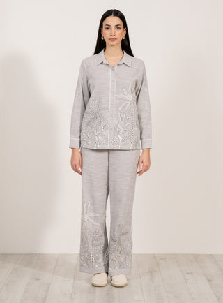 Elvira gray button-down shirt and pants