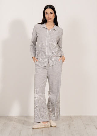 Elvira gray button-down shirt and pants