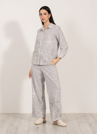 Elvira gray button-down shirt and pants