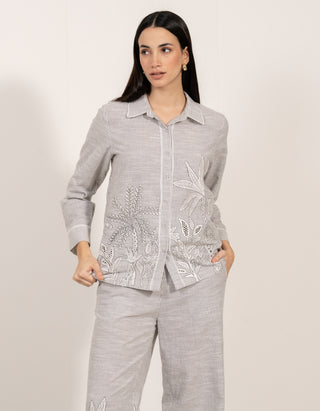 Elvira gray button-down shirt and pants