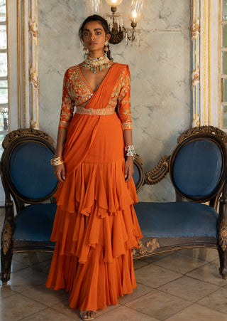 Paulmi & Harsh-Burnt Orange Layered Sari Set-INDIASPOPUP.COM