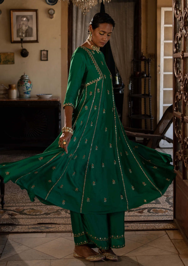 Emerald Elegance Green Kurta with White Pajama Ensemble - Rent main image 0