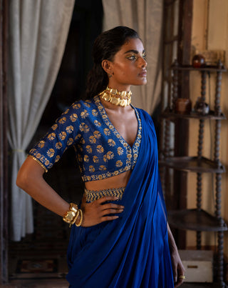 Paulmi & Harsh-Electric Blue Antique Embroidered Sari Set-INDIASPOPUP.COM