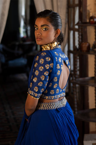 Paulmi & Harsh-Electric Blue Antique Embroidered Sari Set-INDIASPOPUP.COM