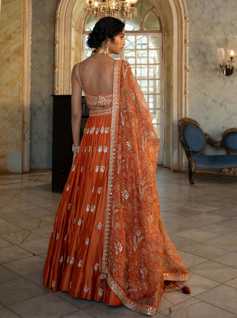 Jalebi Luxe Tissue Burnt Orange Lehenga