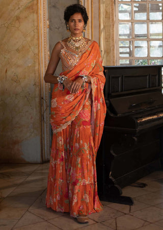 Paulmi & Harsh-Burnt Orange Floral Sharara Sari And Blouse-INDIASPOPUP.COM