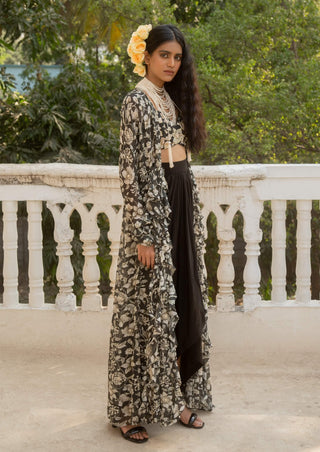 Black printed kali jacket and draped skirt set