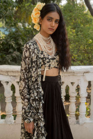 Black printed kali jacket and draped skirt set