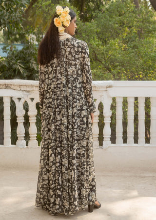 Black printed kali jacket and draped skirt set