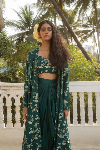 Emerald green jaal jacket and draped skirt set