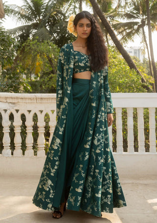 Emerald green jaal jacket and draped skirt set