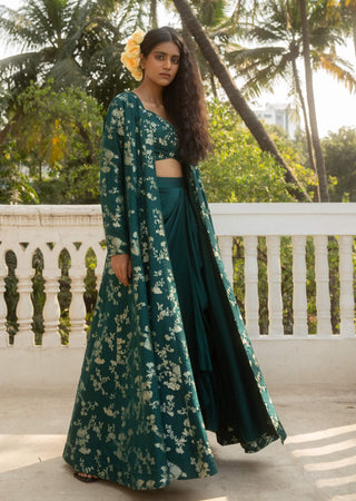 Emerald green jaal jacket and draped skirt set