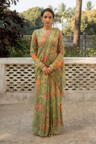 Sage green floral printed draped sari and blouse