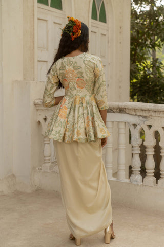 Ivory Embroidered Peplum And Draped Skirt by Paulmi & Harsh available on Indiaspopup.com