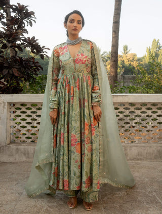 Sage Blue Embroidered Anarkali Set by Paulmi & Harsh available on Indiaspopup.com