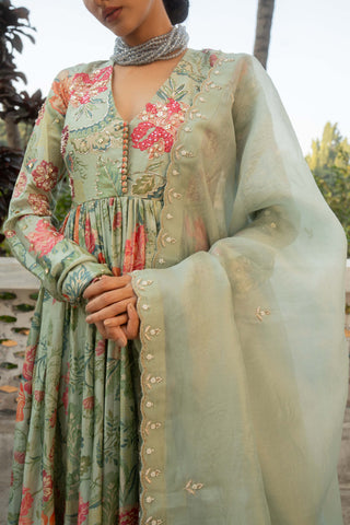 Sage Blue Embroidered Anarkali Set by Paulmi & Harsh available on Indiaspopup.com