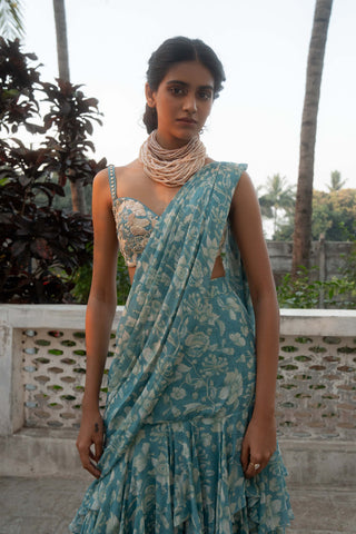 Ice blue floral printed draped sari and blouse