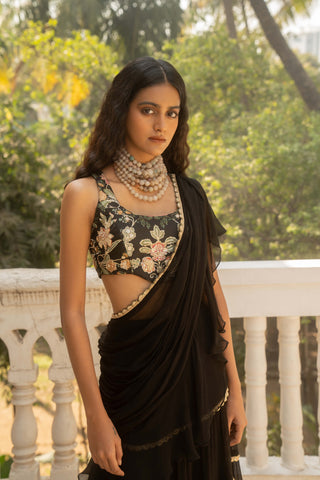 Black chiffon draped sari and blouse