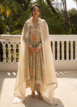 Ivory floral printed anarkali set