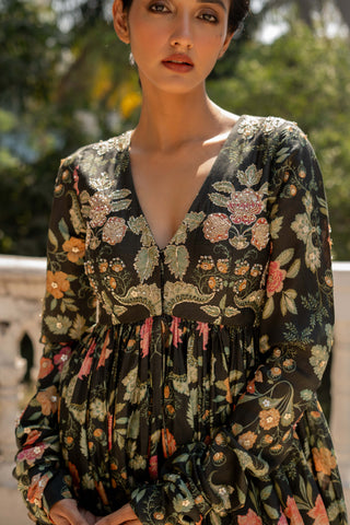 Black Floral Print Peplum And Draped Skirt by Paulmi & Harsh available on Indiaspopup.com