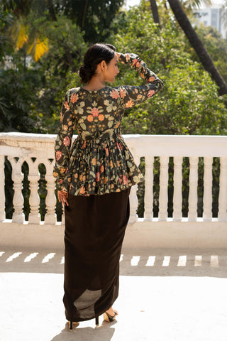 Black Floral Print Peplum And Draped Skirt by Paulmi & Harsh available on Indiaspopup.com