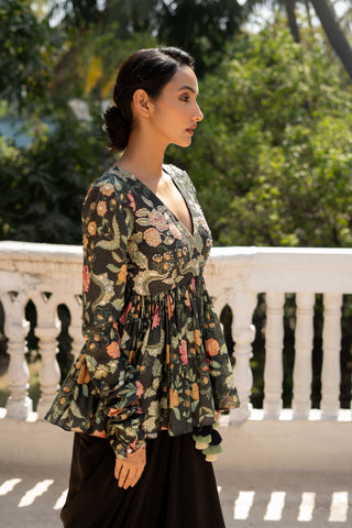 Black Floral Print Peplum And Draped Skirt by Paulmi & Harsh available on Indiaspopup.com