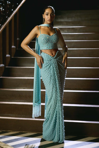 Powder blue single drop draped skirt set