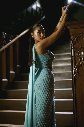 Powder blue single drop draped skirt set