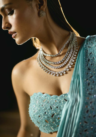 Powder blue satin draped sari set