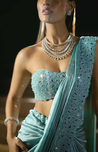Powder blue satin draped sari set
