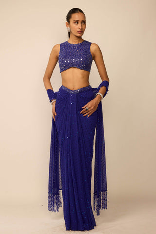 Cocktail blue sequins embroidered draped skirt set