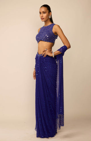Cocktail blue sequins embroidered draped skirt set