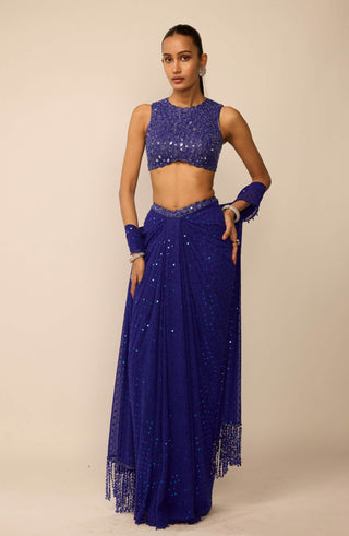 Cocktail blue sequins embroidered draped skirt set