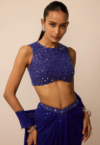 Cocktail blue sequins embroidered draped skirt set