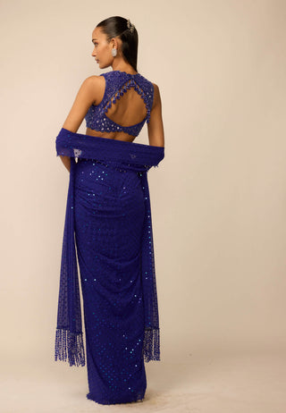 Cocktail blue sequins embroidered draped skirt set