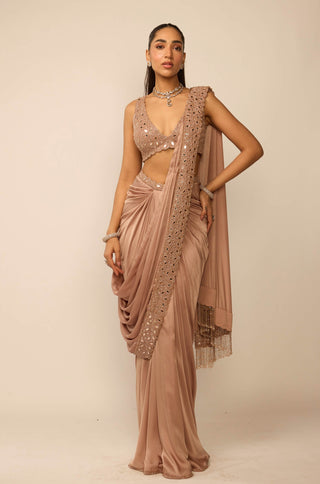 Bronze rosé satin draped sari set