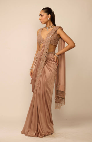 Bronze rosé satin draped sari set