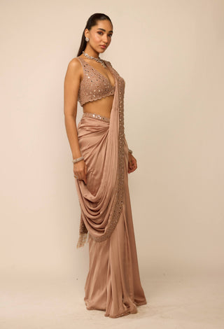 Bronze rosé satin draped sari set
