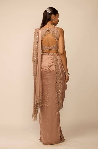 Bronze rosé satin draped sari set