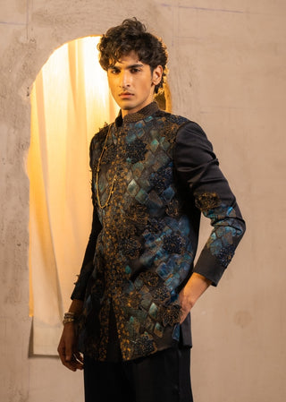 Midnight blue handpaint bandhgala set