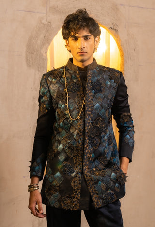 Midnight blue handpaint bandhgala set