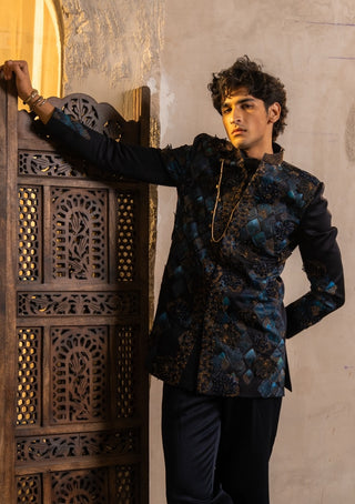 Midnight blue handpaint bandhgala set