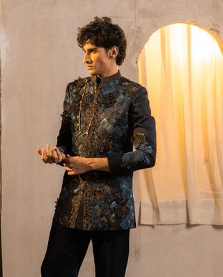 Midnight blue handpaint bandhgala set