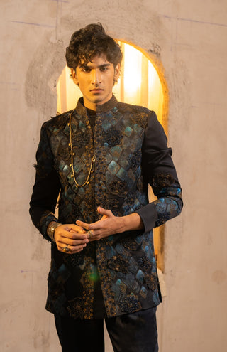 Midnight blue handpaint bandhgala set