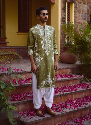 Falaknuma Sap Green Kurta And Salwar by Ankit V Kapoor available on Indiaspopup.com