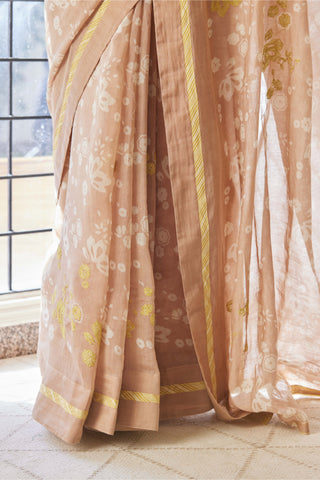 Vaayu-Fawn Printed Sari With Unstitched Blouse-INDIASPOPUP.COM