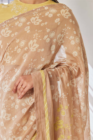Vaayu-Fawn Printed Sari With Unstitched Blouse-INDIASPOPUP.COM