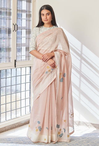 Vaayu-Blush Applique Sari With Unstitched Blouse-INDIASPOPUP.COM