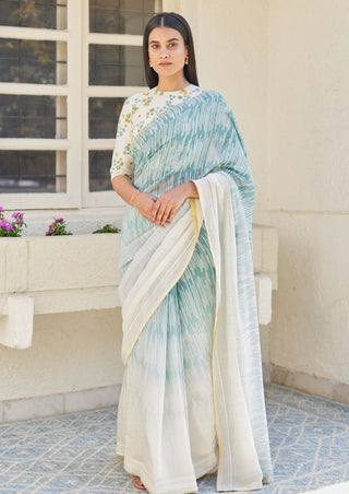 Vaayu-Sky Ombre Printed Sari With Unstitched Blouse-INDIASPOPUP.COM